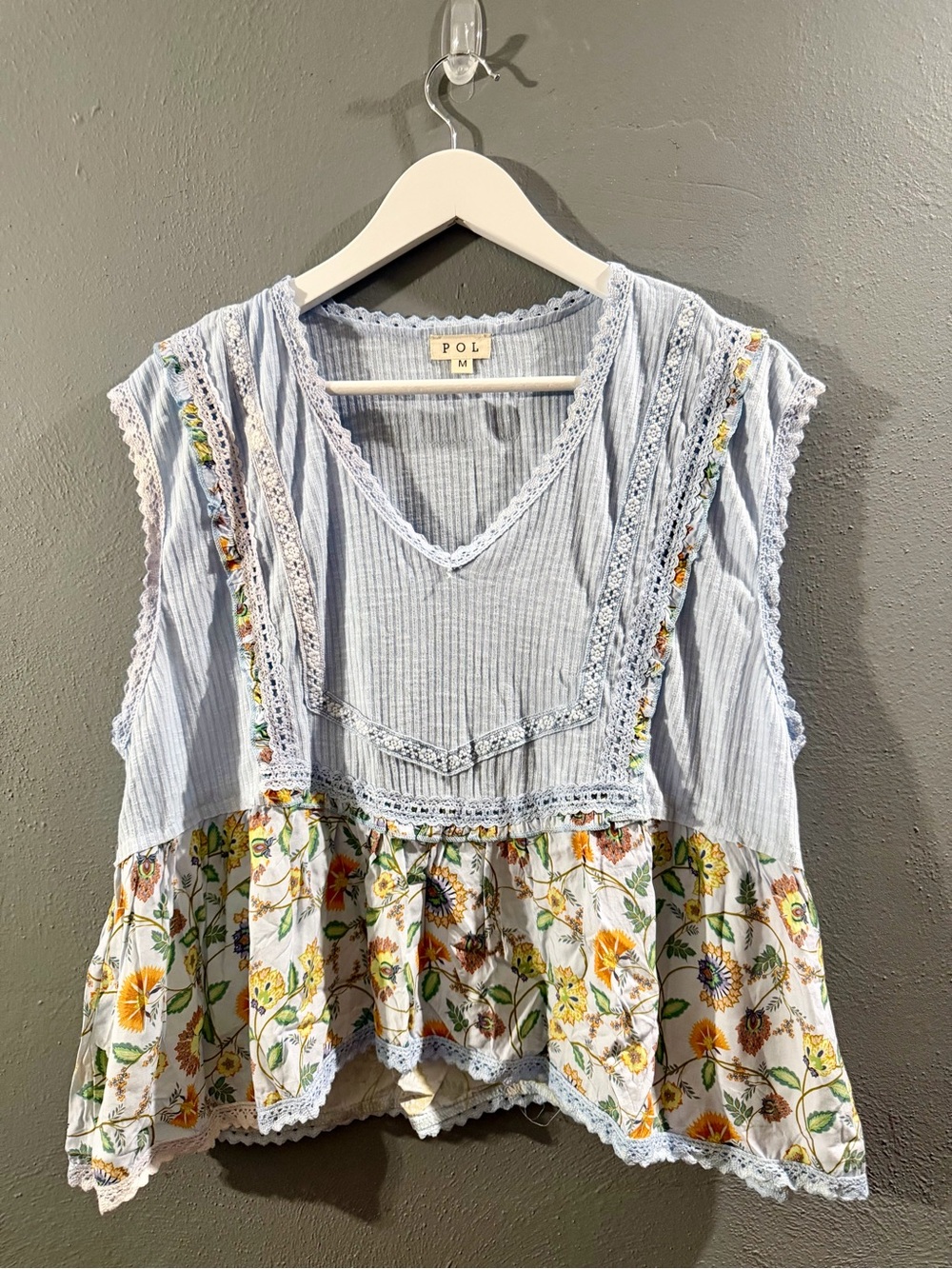 POL Light Blue Ribbed & Floral Lace-Trim Sleeveless Tunic